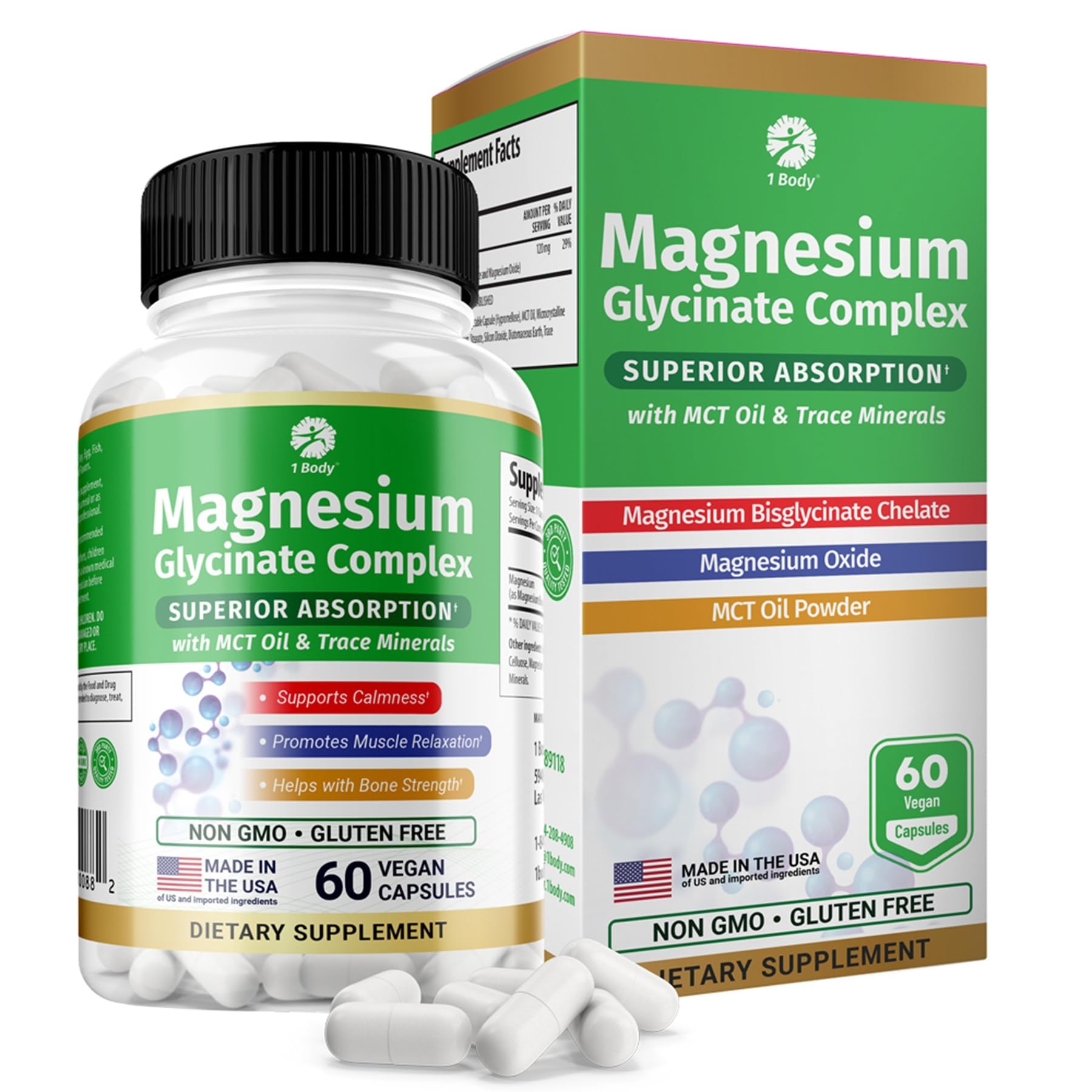Bottle of 1 Body Magnesium Glycinate Complex (hero image)