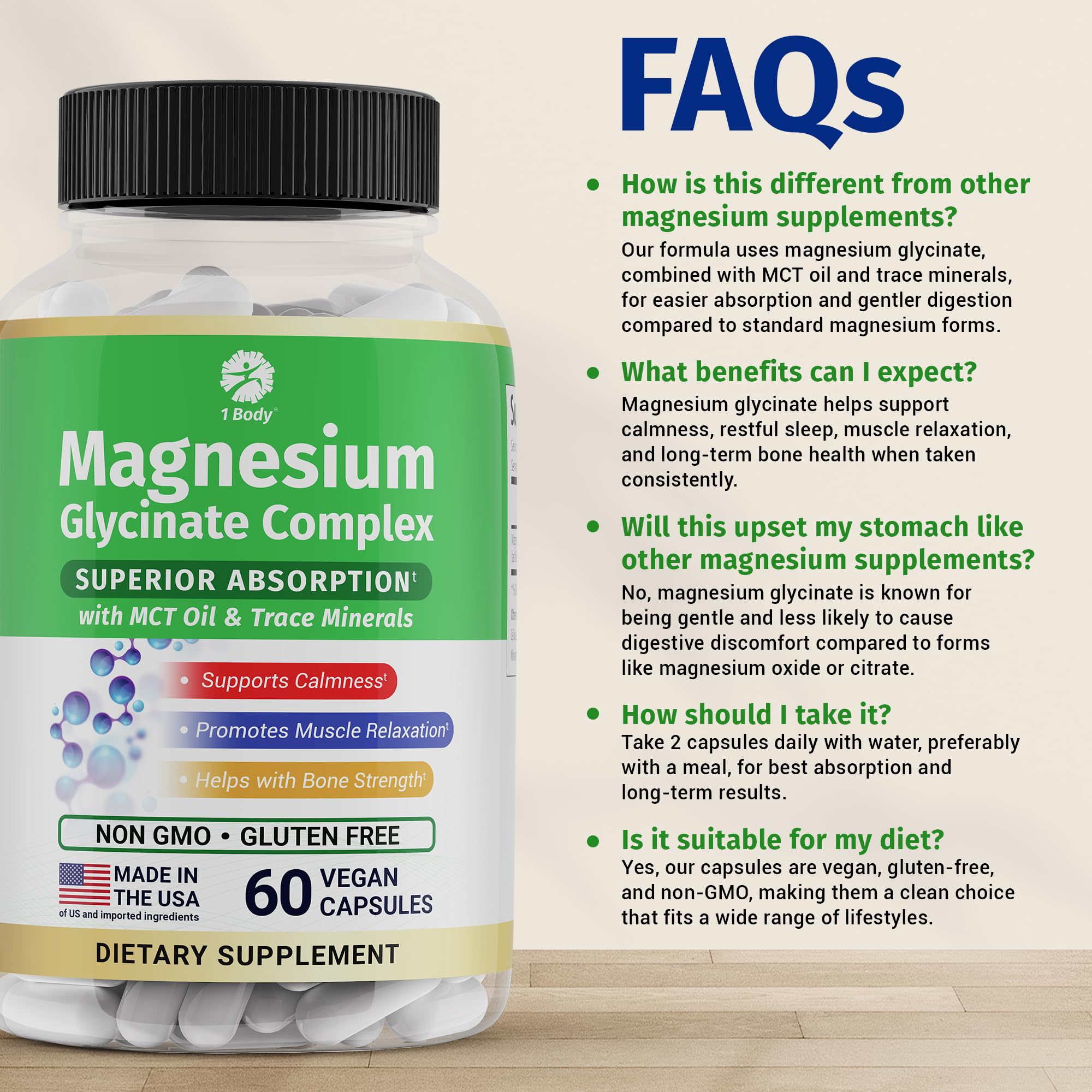 Usage guidance and daily wellness routine with 1 Body Magnesium Glycinate Complex