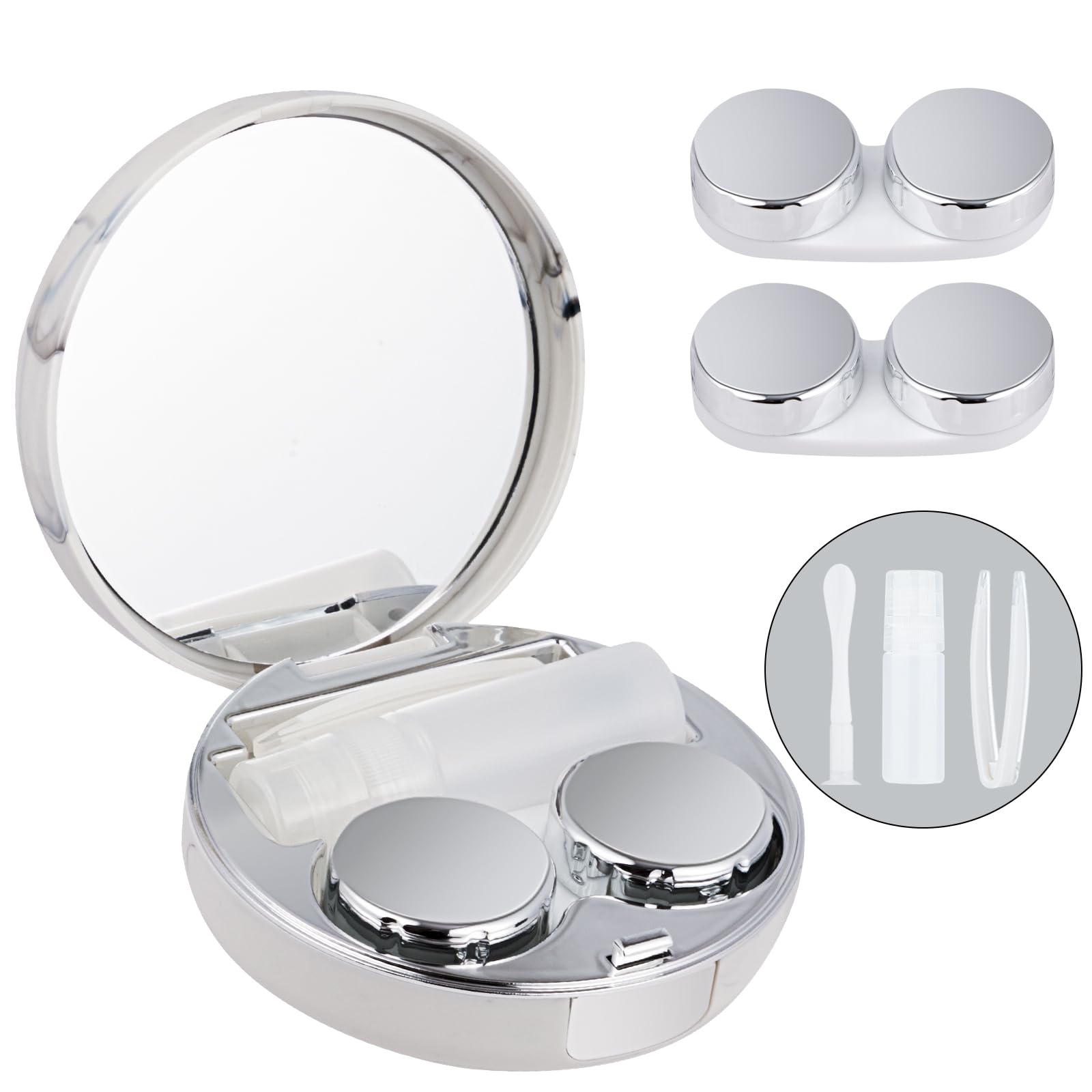 1 Pack Contact Lens Case Kit in silver with mirror organizer
