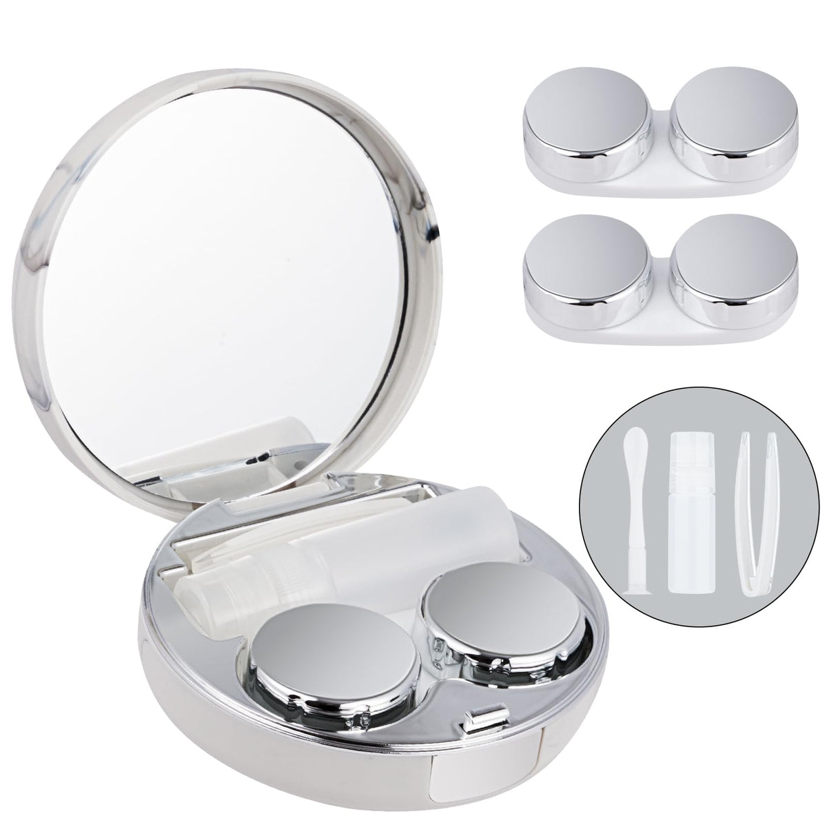 1 Pack Contact Lens Case Kit in silver with mirror organizer