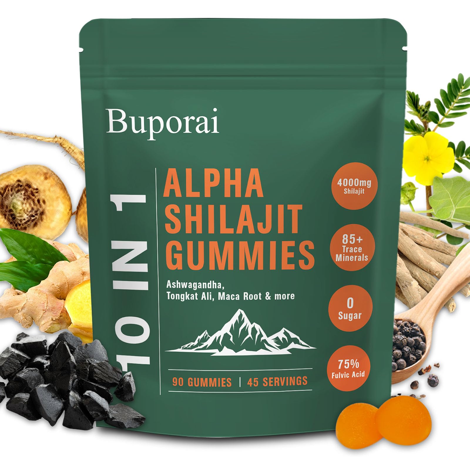 Front view of 10-in-1 Alpha Shilajit Gummies bottle