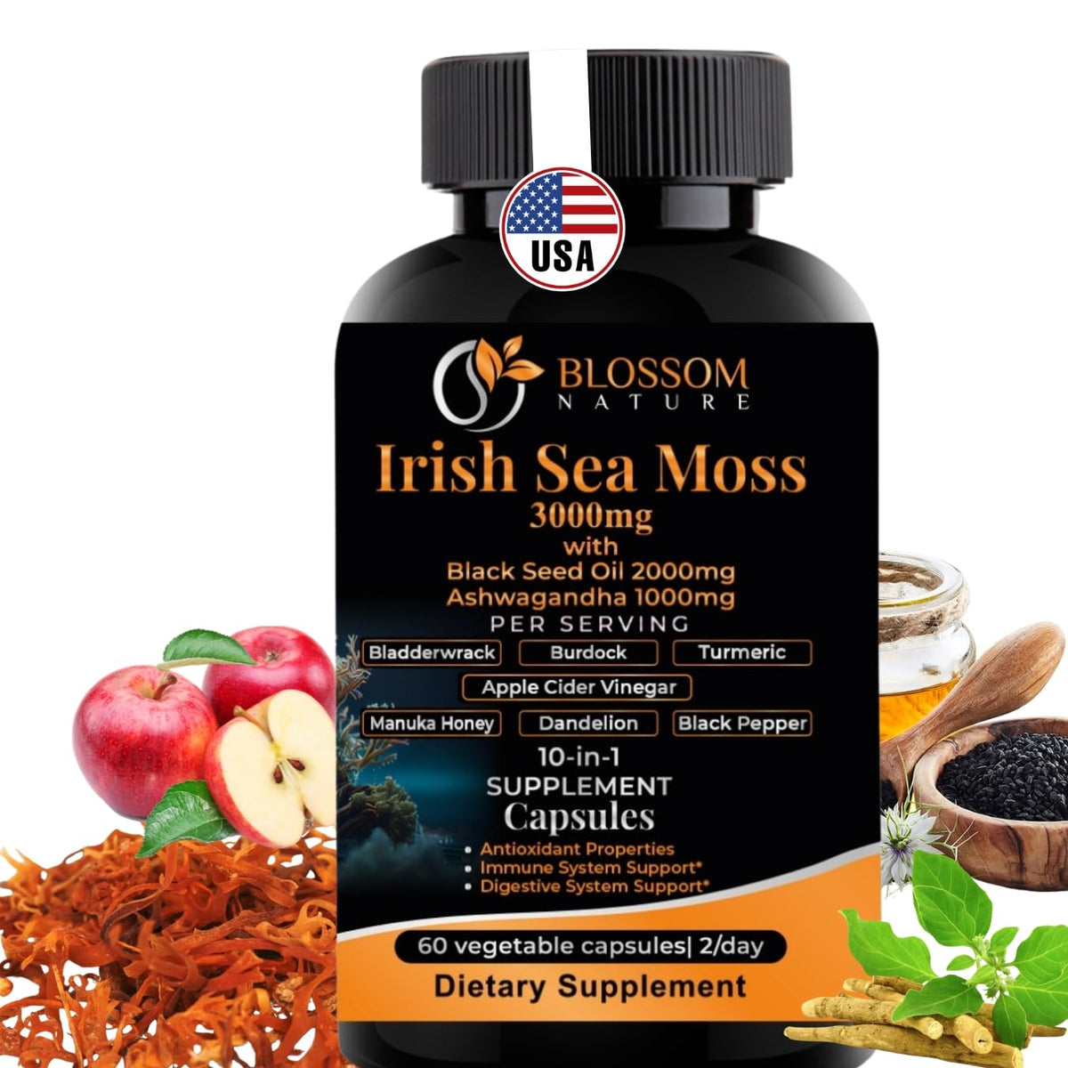 Packaging bottle of 10-in-1 Irish Sea Moss Veggie Caps 3000mg