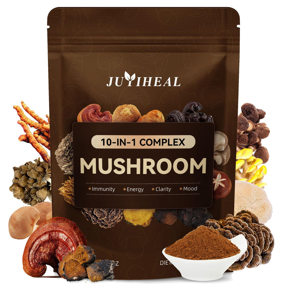 Front view of 60g Organic Mushroom Powder bottle