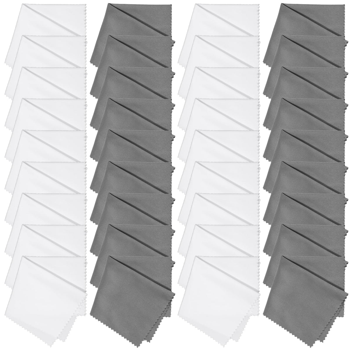 Front view of the 100-pack microfiber cleaning cloths in white and gray.