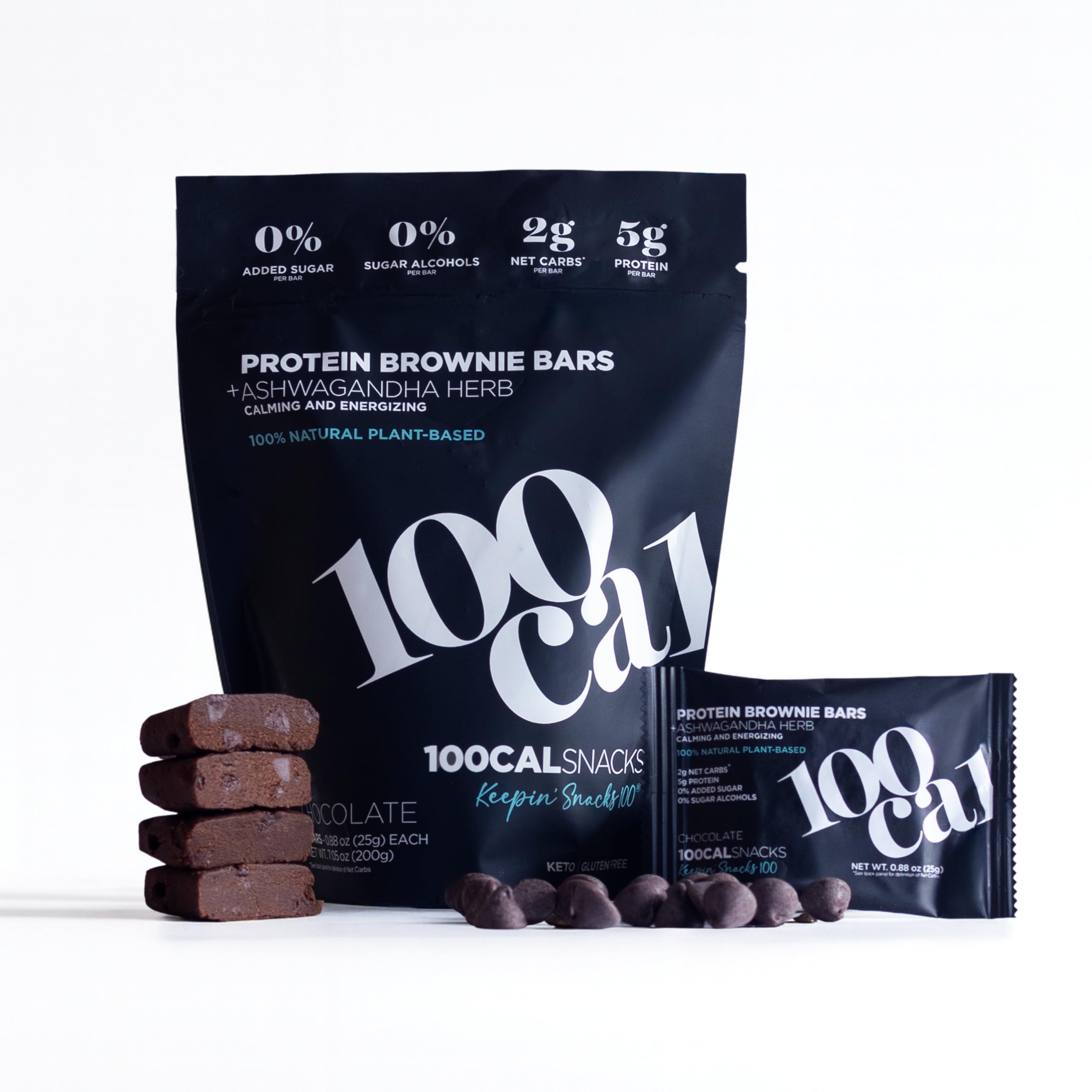 100Cal Protein Bar Chocolate Brownie pack shows gluten-free keto snack for weight management