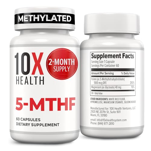 Bottle of 10X Health 5-MTHF Methylfolate supplement with 60 capsules