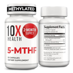 Bottle of 10X Health 5-MTHF Methylfolate supplement with 60 capsules