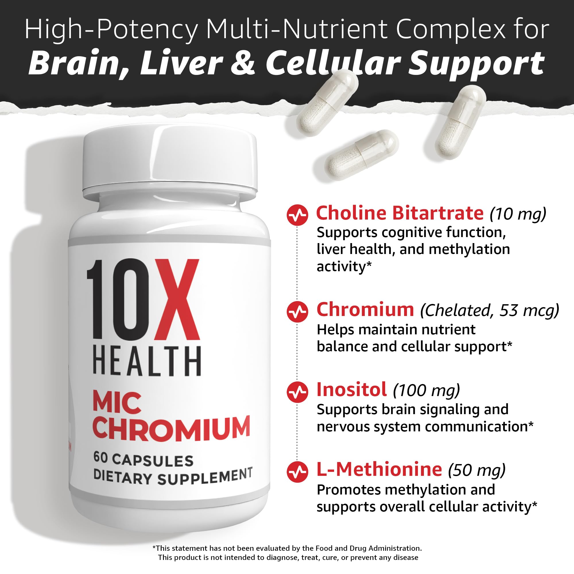 10X Health label detail listing chromium choline inositol and L-methionine