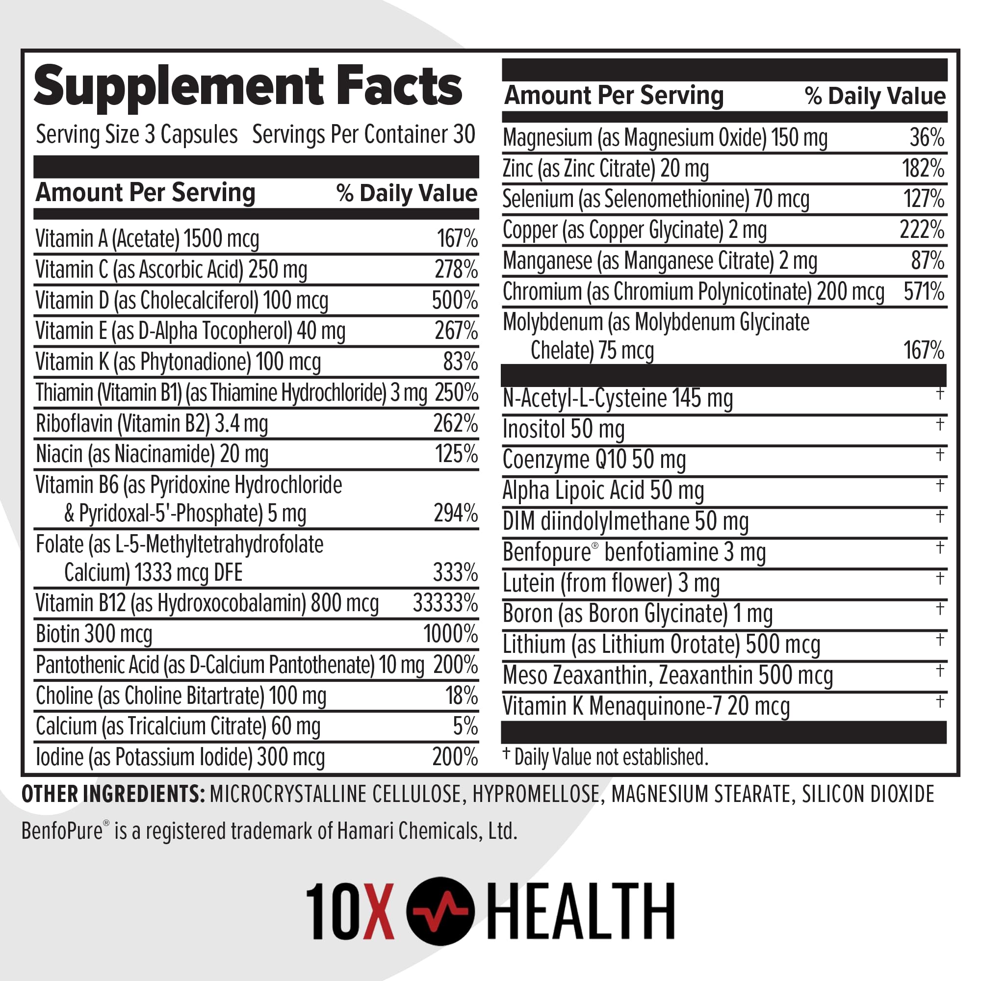 Illustration of 34 in 1 formula on 10X Health System bottle.