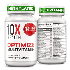 Front view of 10X Health Optimize Multivitamin for Men bottle with 90 capsules