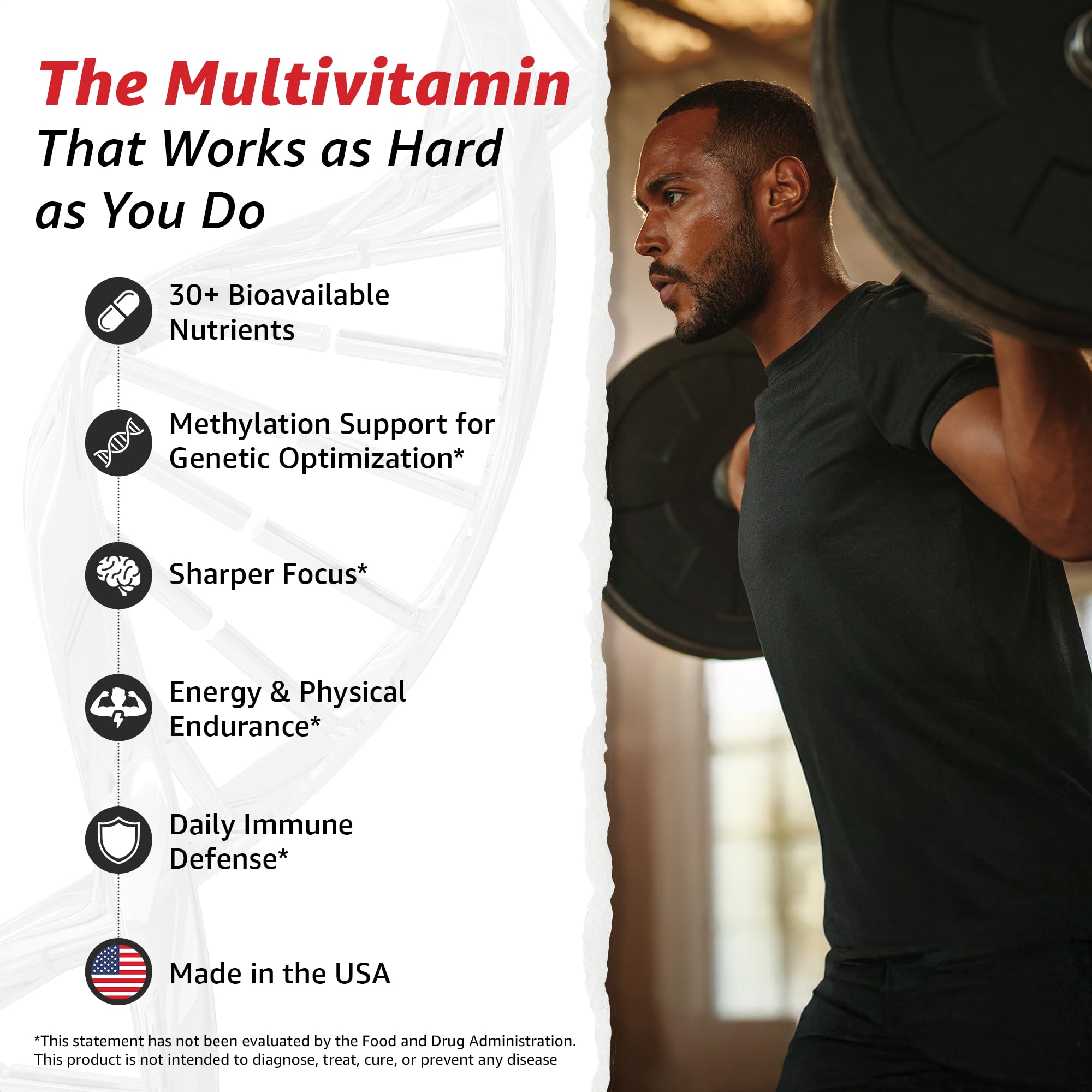 Close-up of capsules from 10X Health System Optimize Multivitamin for Men, highlighting methylated vitamins.