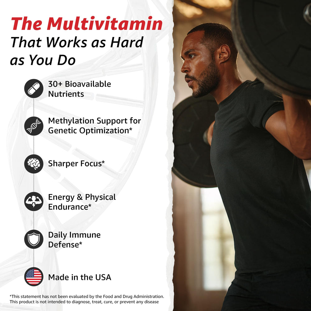 Close-up of capsules from 10X Health System Optimize Multivitamin for Men, highlighting methylated vitamins.