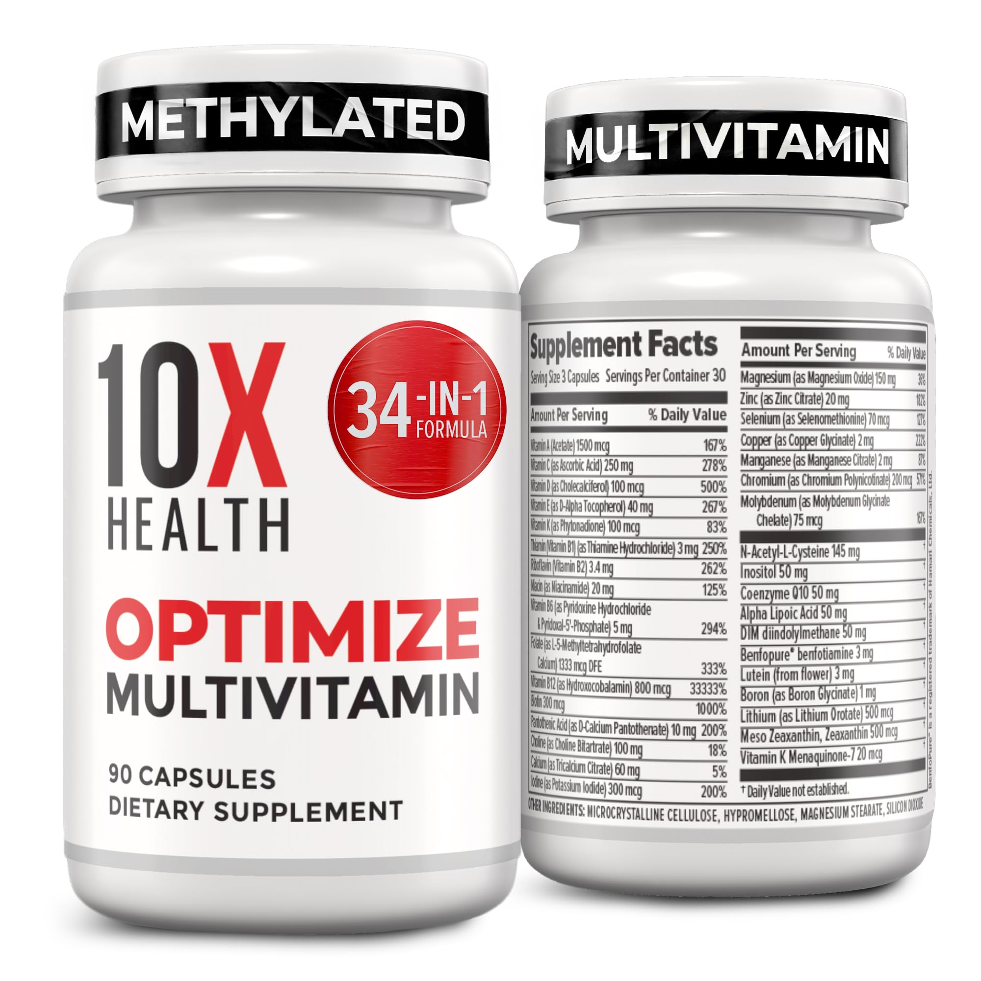 10X Health System Optimize Multivitamin for Men bottle on counter for daily wellness.