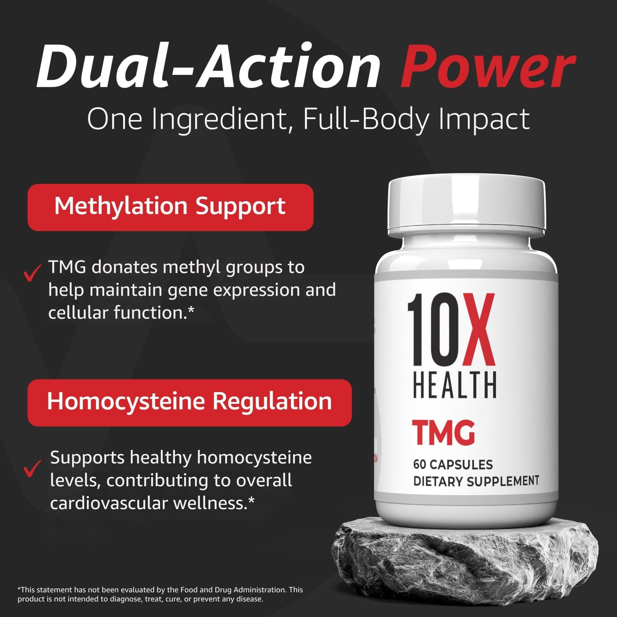 Front view of 10X Health TMG bottle showing non-GMO and gluten-free labels