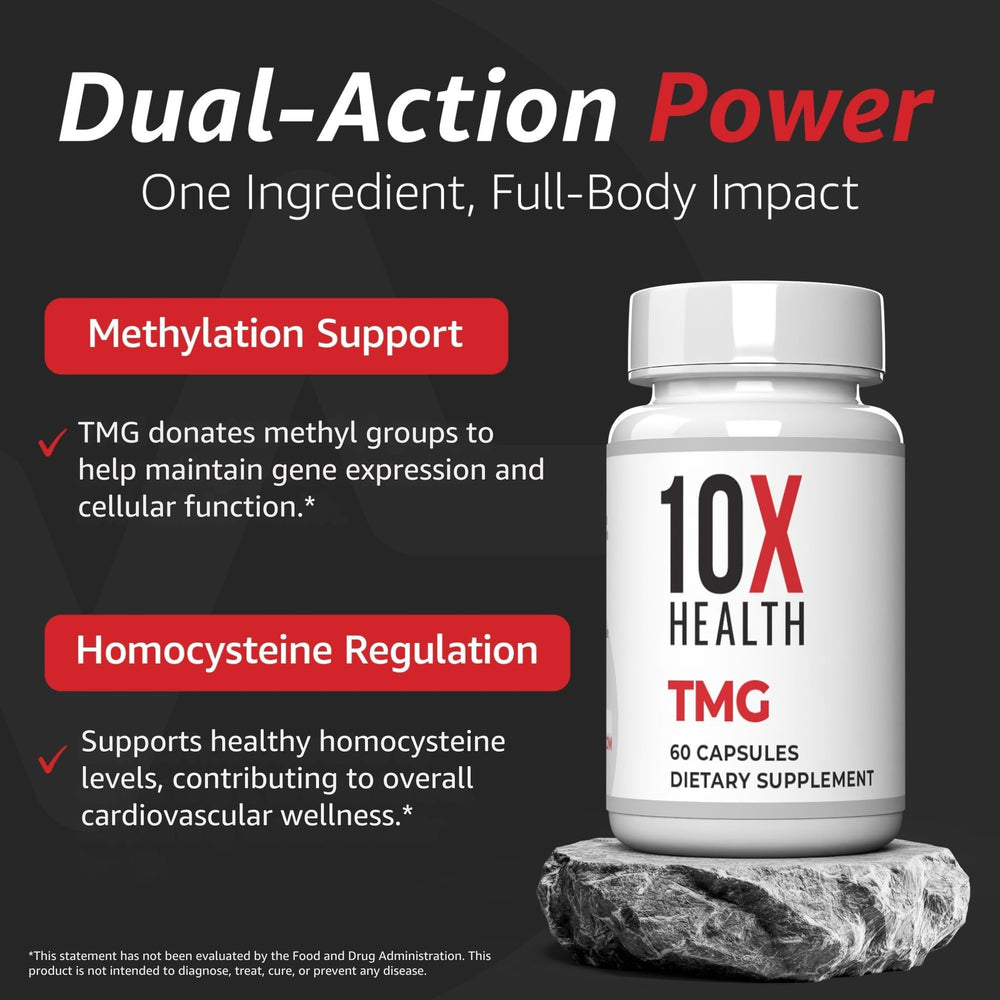 Front view of 10X Health TMG bottle showing non-GMO and gluten-free labels