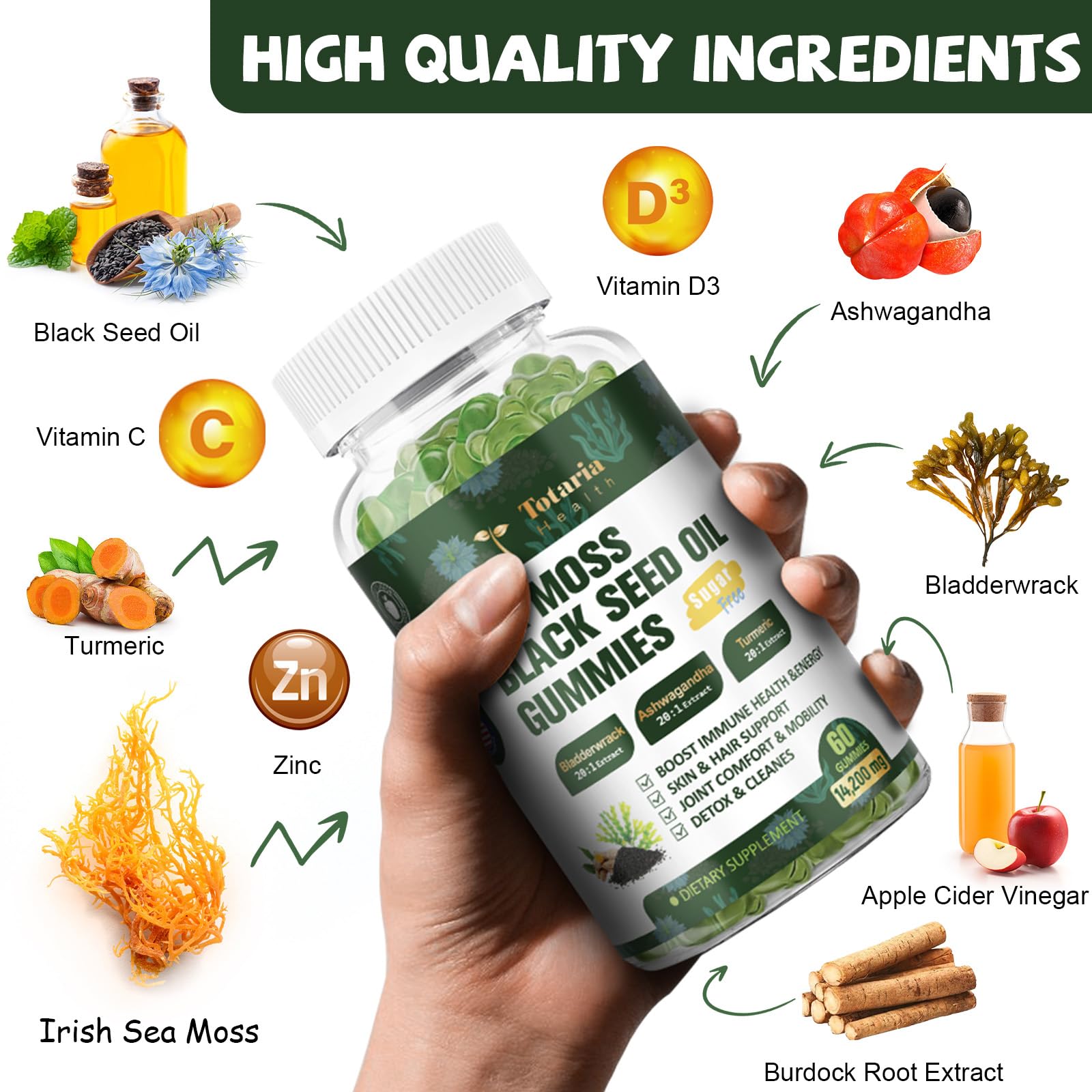 Close-up of Sea Moss Gummies bottle label