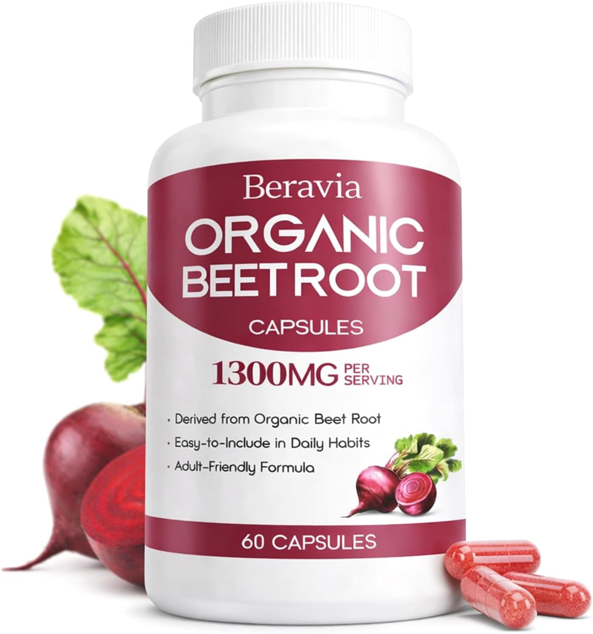 Organic Beet Root Capsules, Natural Beet Root for Daily Wellness and Energy Support, with Naturally Occurring Plant Nitrates, Vegan, Non-GMO, Gluten-Free-1300mg, 60 Capsules