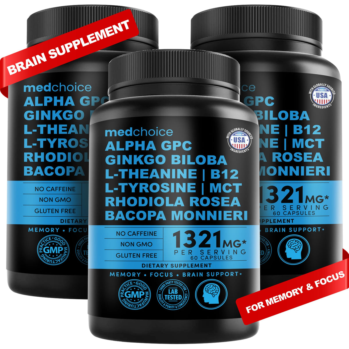 Bottle of 12-in-1 nootropic brain supplement with Ginkgo Biloba and Bioperine