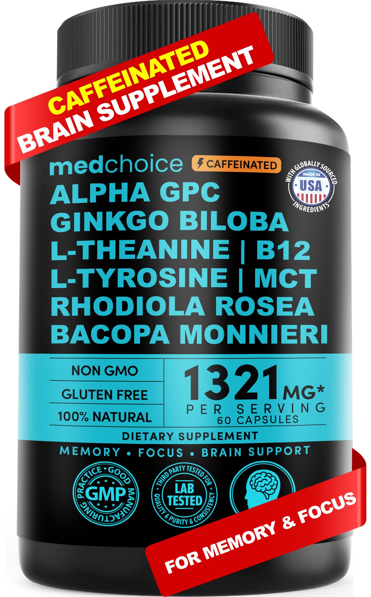 Bottle of 12-in-1 Nootropic Brain Supplement with Caffeine Anhydrous (60 count)
