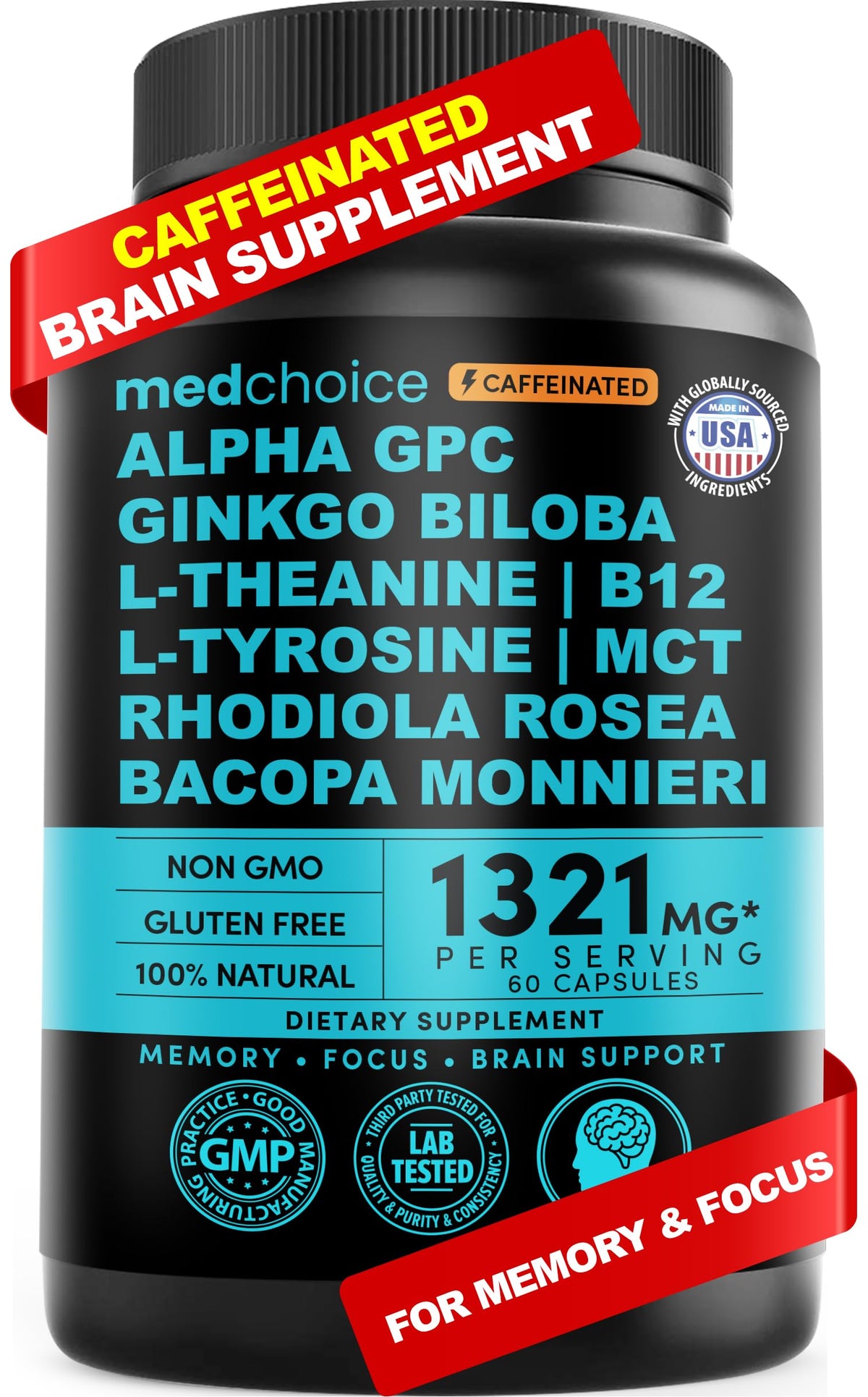 Bottle of 12-in-1 Nootropic Brain Supplement with Caffeine Anhydrous (60 count)