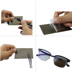 Close-up of the translucent tea-color eye patch on glasses