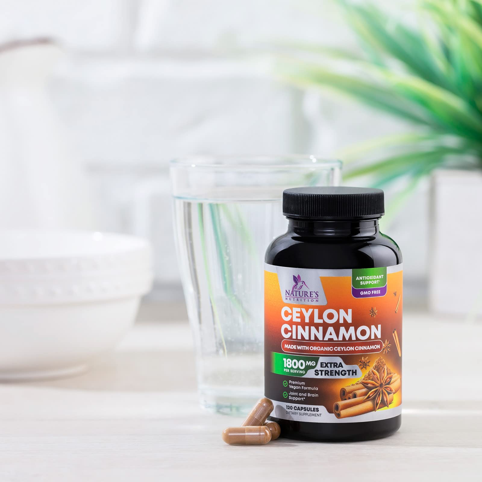 Close-up of 120 cinnamon capsules inside a bottle