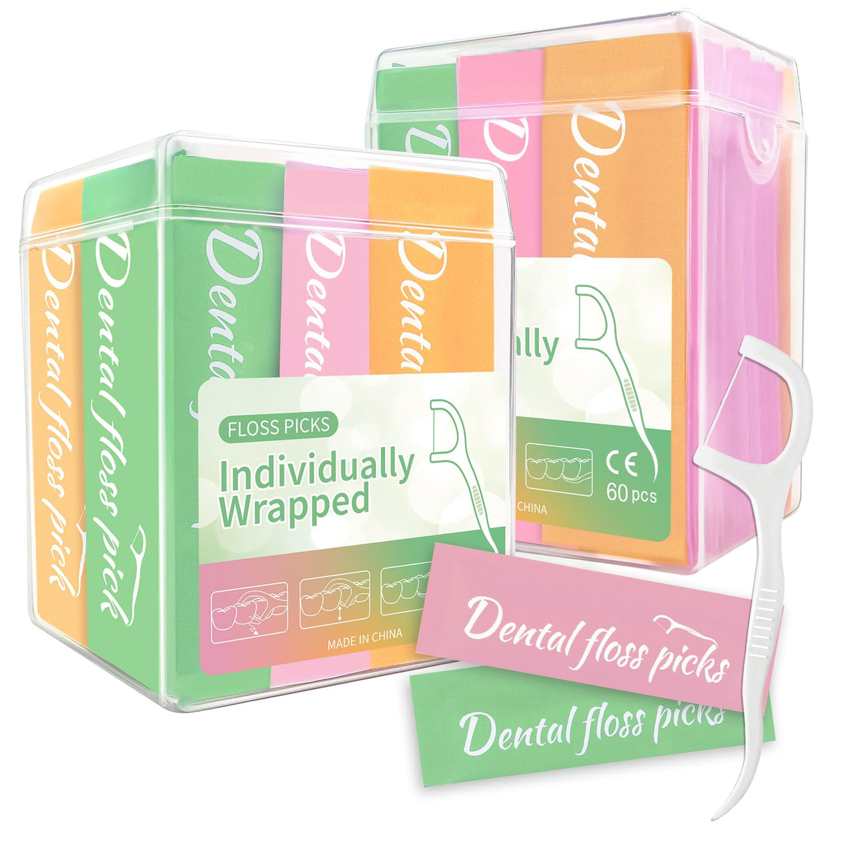 Bright multi-color individually wrapped dental floss picks