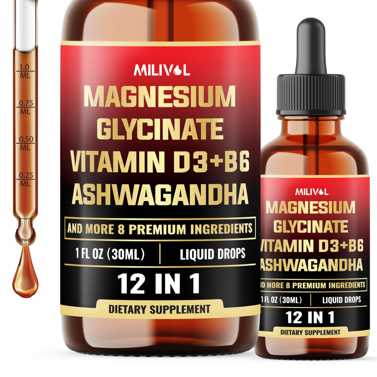 Front view of 12in1 Magnesium Glycinate Liquid Drops 1oz bottle