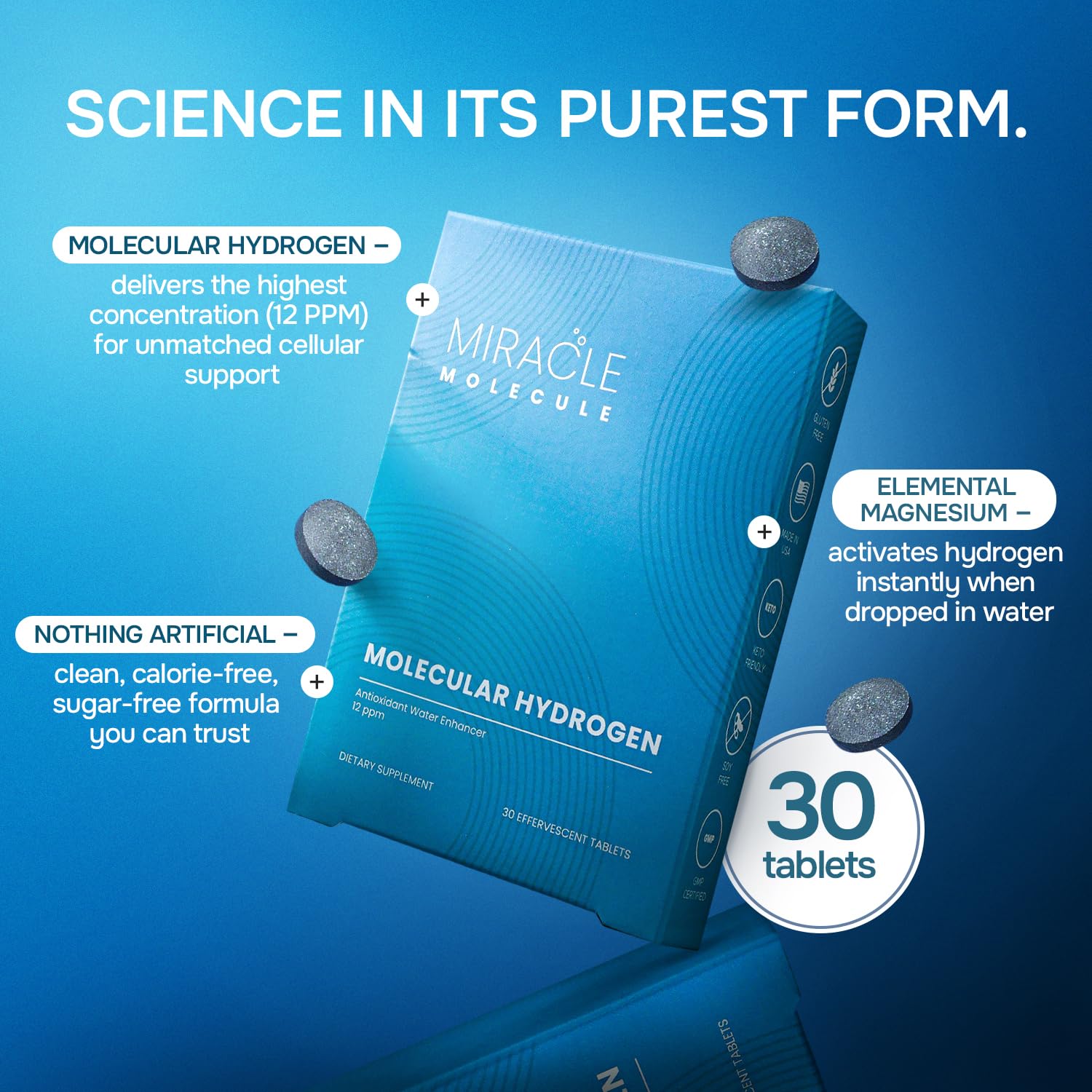 Hydrogen tablet dissolving in water illustrating 12 PPM
