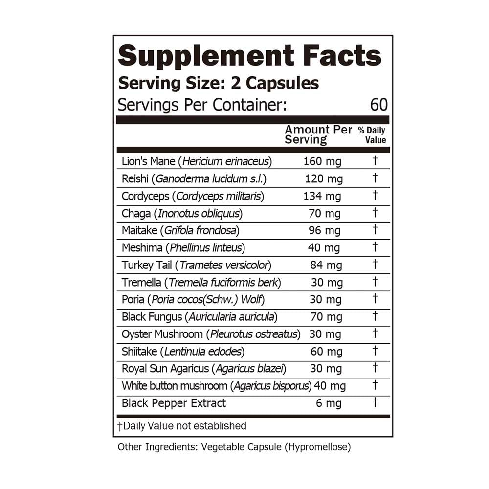 Chaga, Turkey Tail and other mushrooms in the supplement