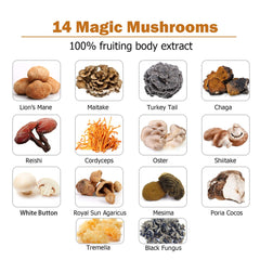 Ingredients panel showing mushroom varieties and beta-glucans