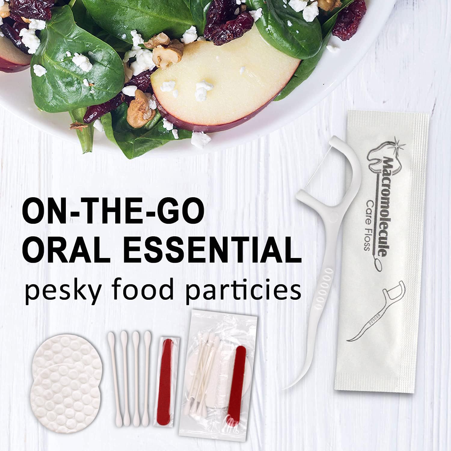 Close-up view of 150-pack dental floss picks, each individually wrapped