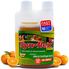 Bottle of 1500mg liquid glucosamine and chondroitin with orange flavor