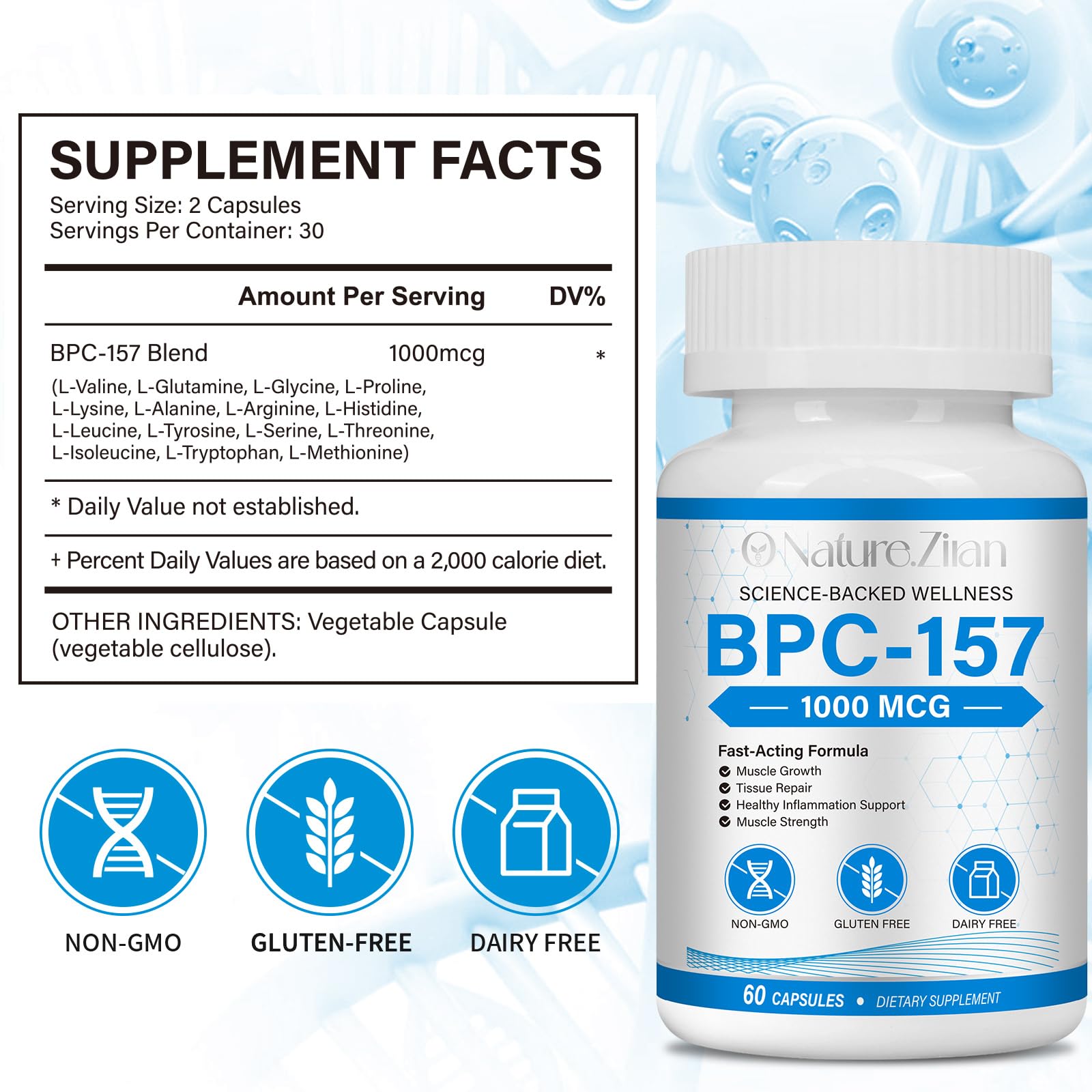 Nutrition facts panel on the 157 Supplement Capsules bottle