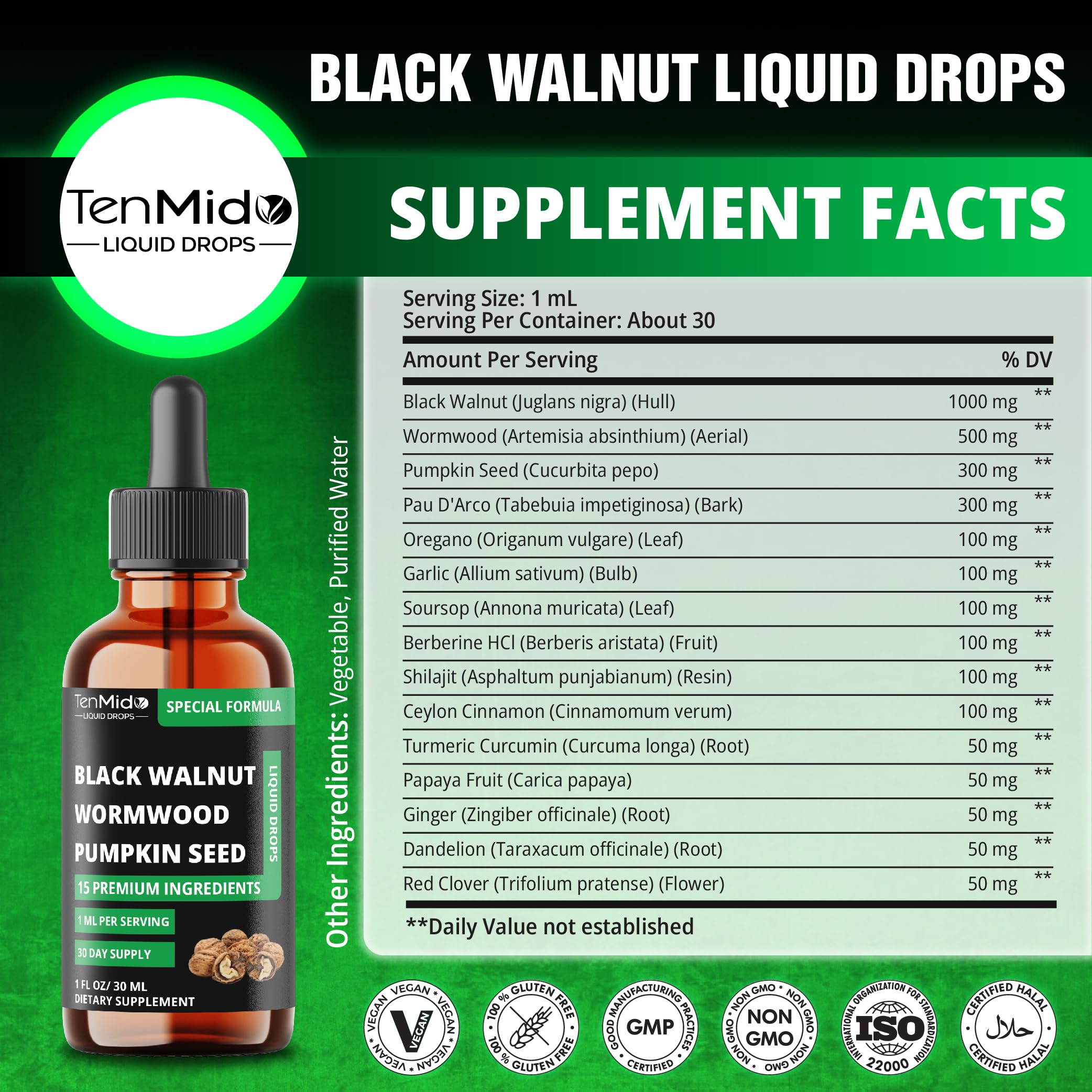 Dropper bottle highlighting wormwood and pumpkin seeds