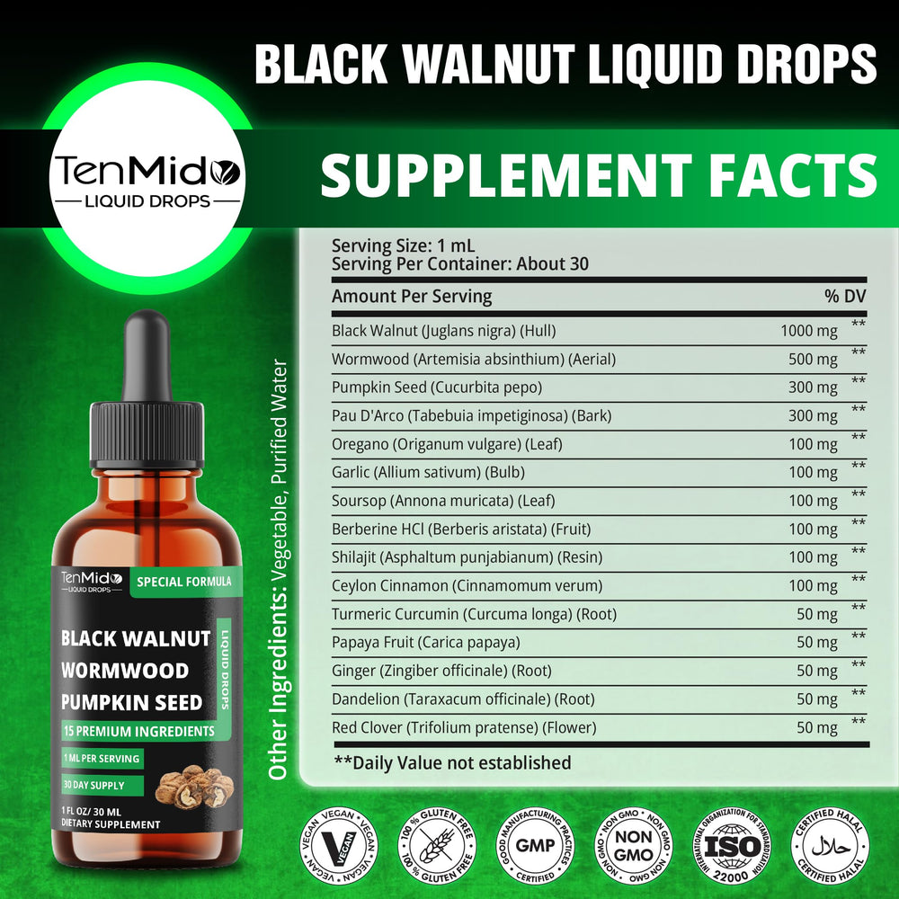 Dropper bottle highlighting wormwood and pumpkin seeds