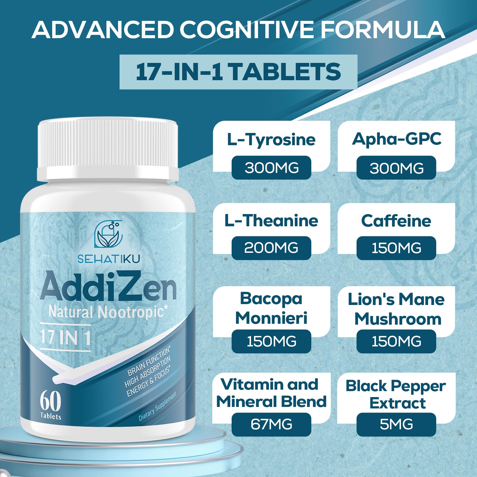 Key ingredients including L-Tyrosine, L-Theanine and Alpha-GPC