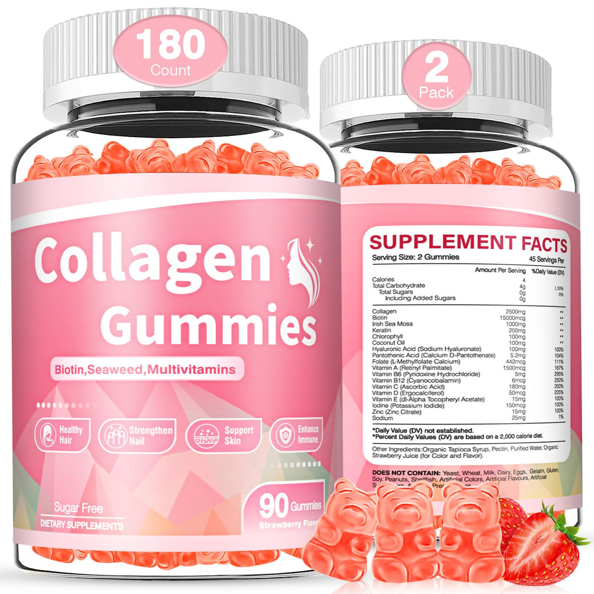 180-count collagen gummies bottle with strawberry flavor
