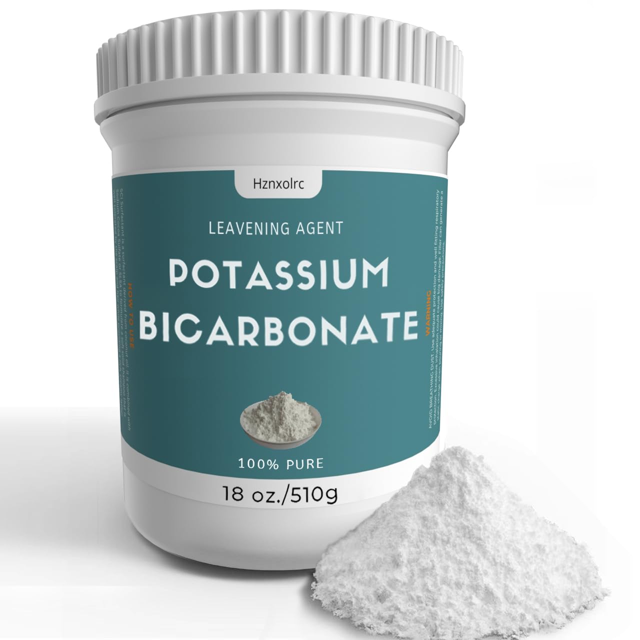 Front view of 18 oz potassium bicarbonate powder packaging