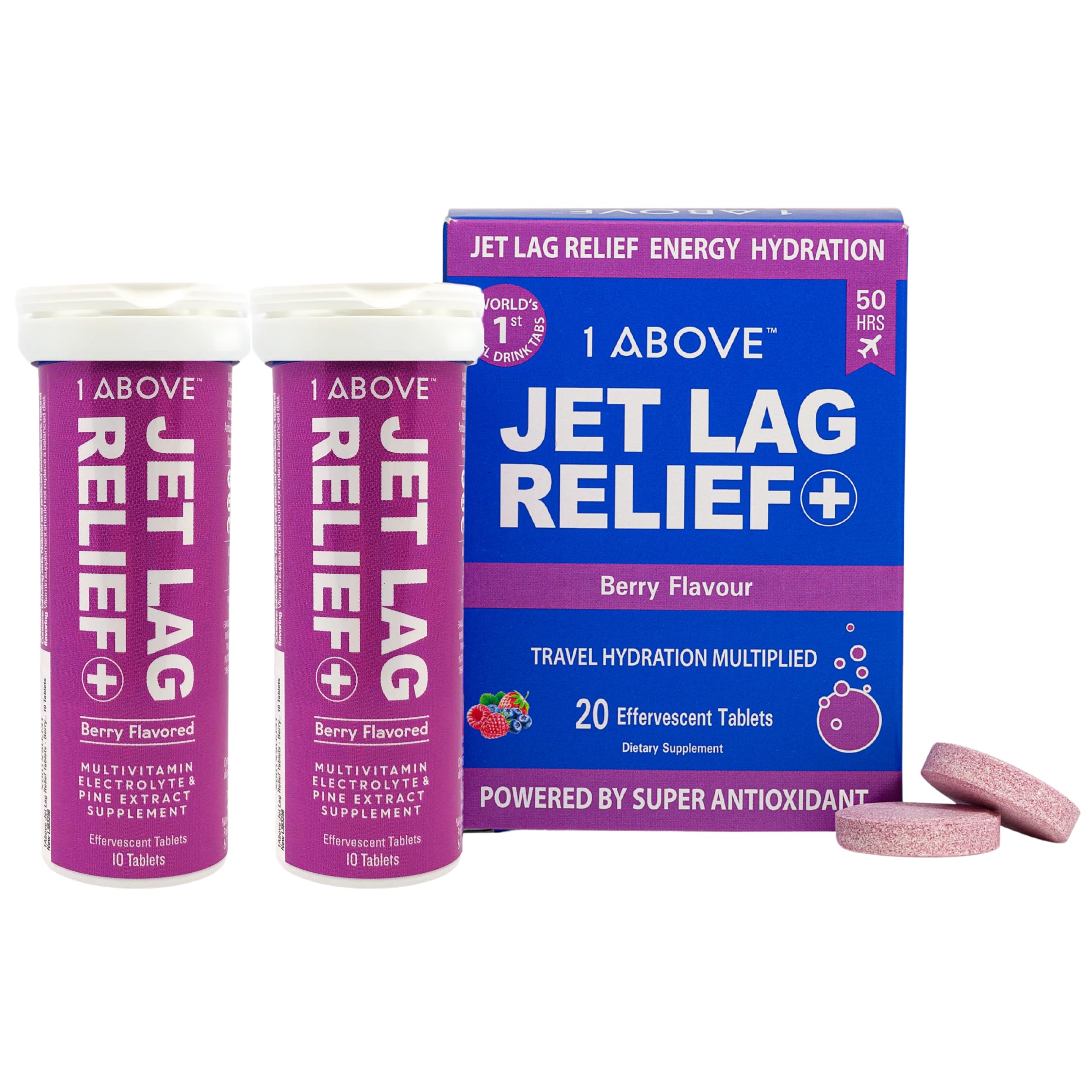 1ABOVE Jet Lag Relief Tablets berry dissolve close-up showing travel hydration support