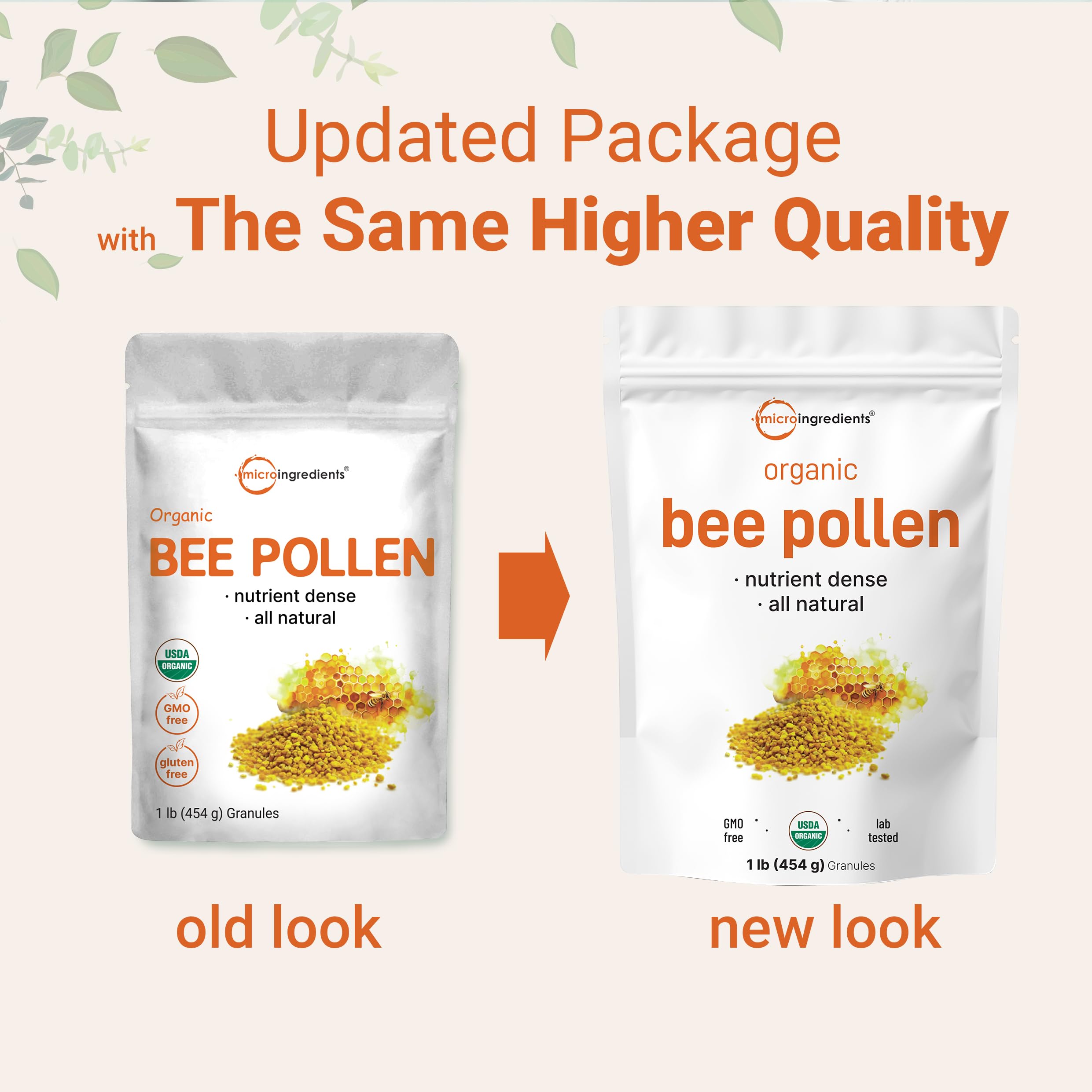 Packaging showing 1 lb pouch of bee pollen granules