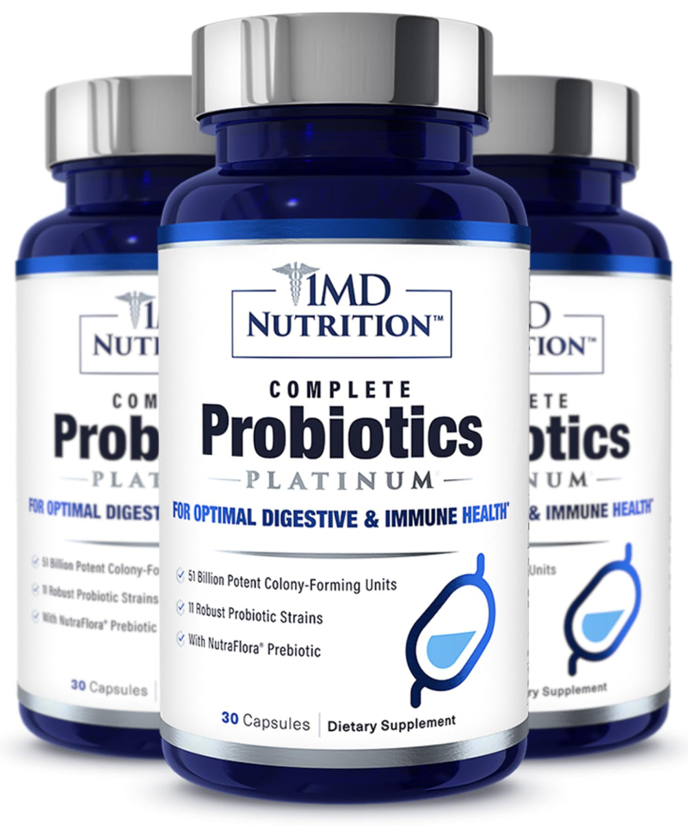 Bottle of 1MD Complete Probiotics Platinum with 30 vegetable capsules, 3-pack
