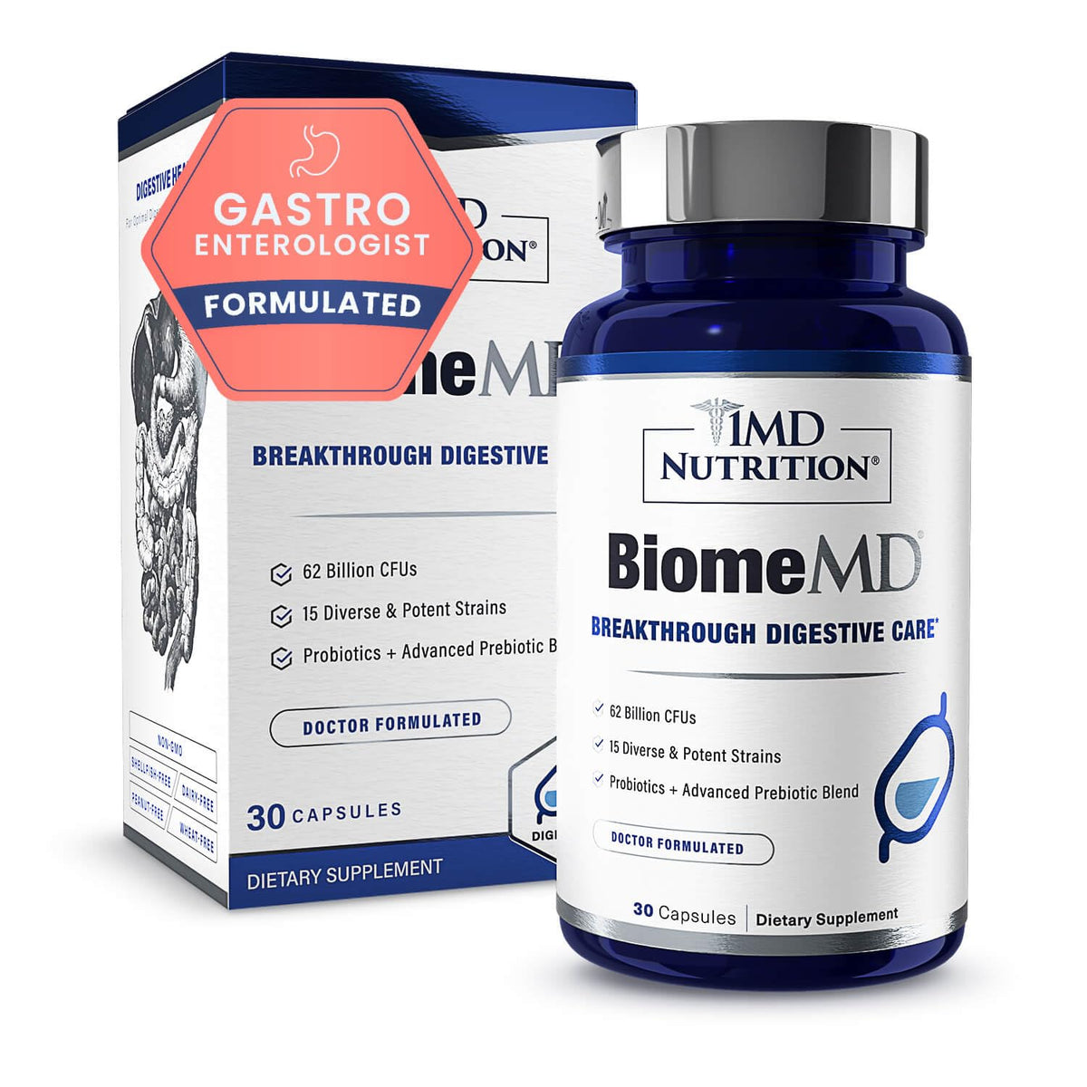 Bottle of BiomeMD Probiotics with label detailing 62B CFUs and 15 strains.