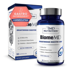Bottle of BiomeMD Probiotics with label detailing 62B CFUs and 15 strains.