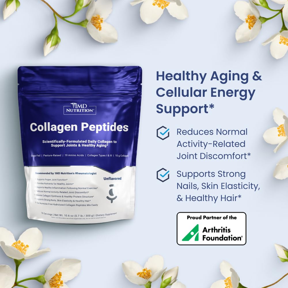 Collagen peptides powder with scoop on white background