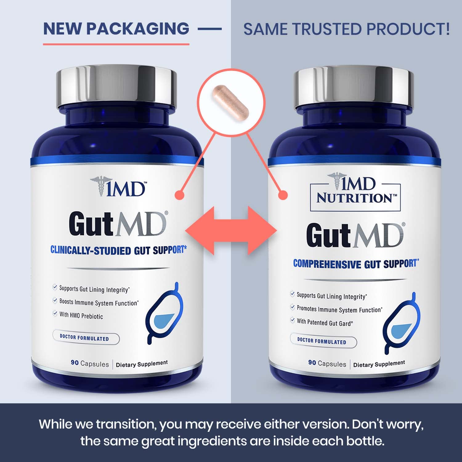 1MD GutMD packaging shot features 90-capsule bottle for daily digestive care.