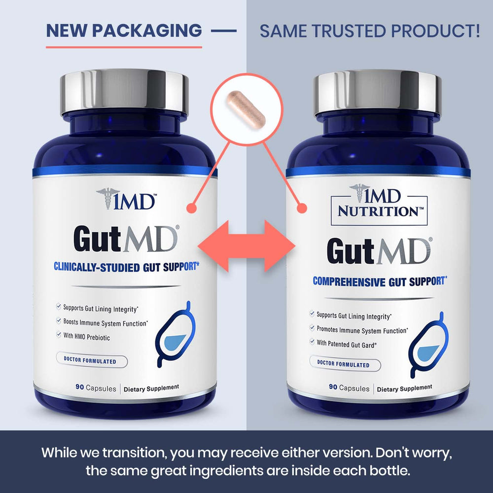 1MD GutMD packaging shot features 90-capsule bottle for daily digestive care.
