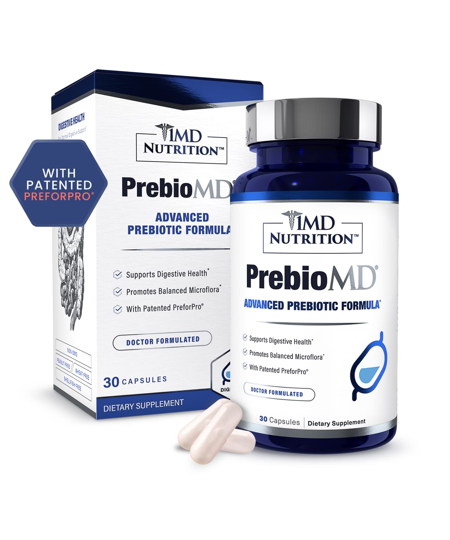 Front view of 1MD Nutrition PreBioMD bottle