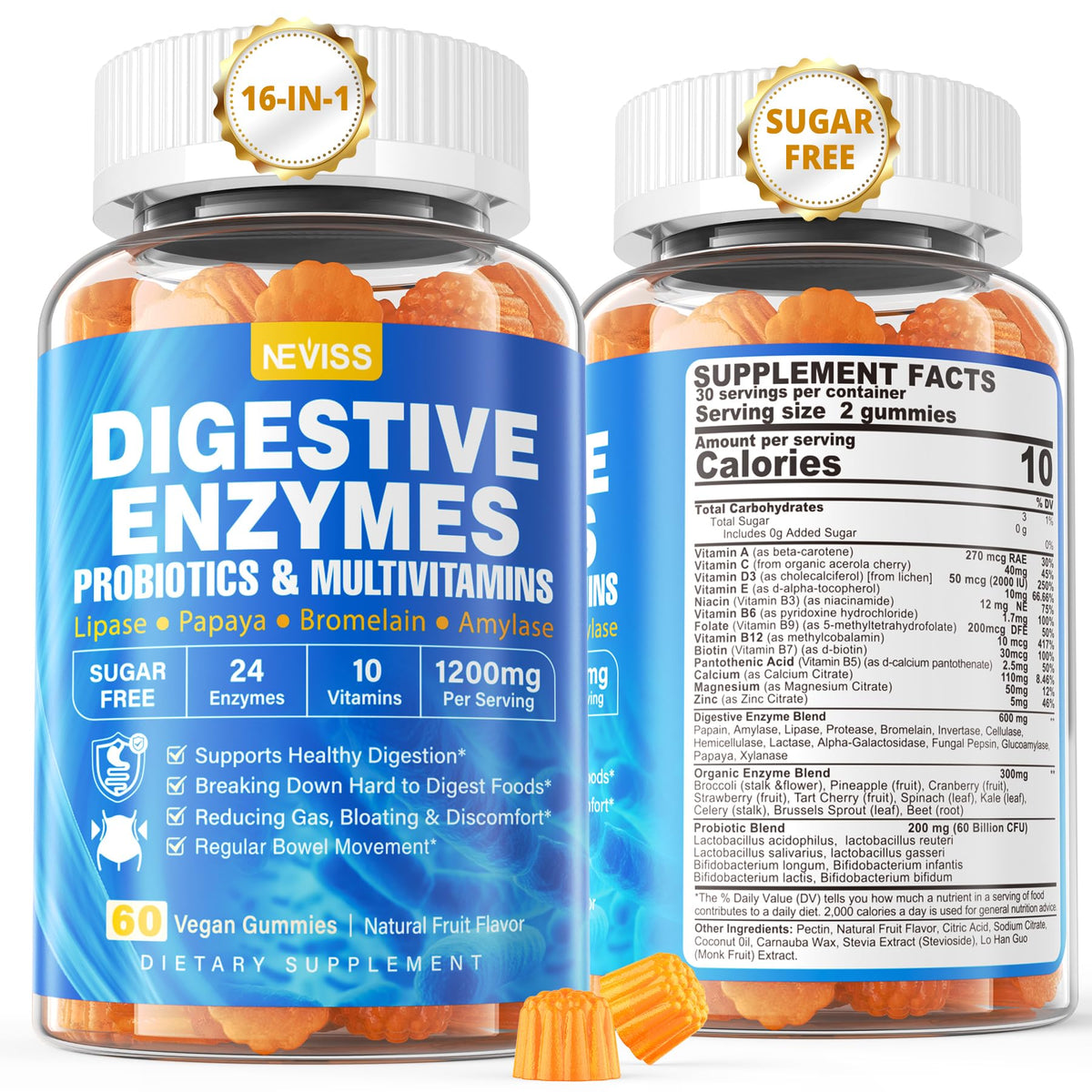 Front view of 1Pack Digestive Enzymes with Probiotic Gummies bottle