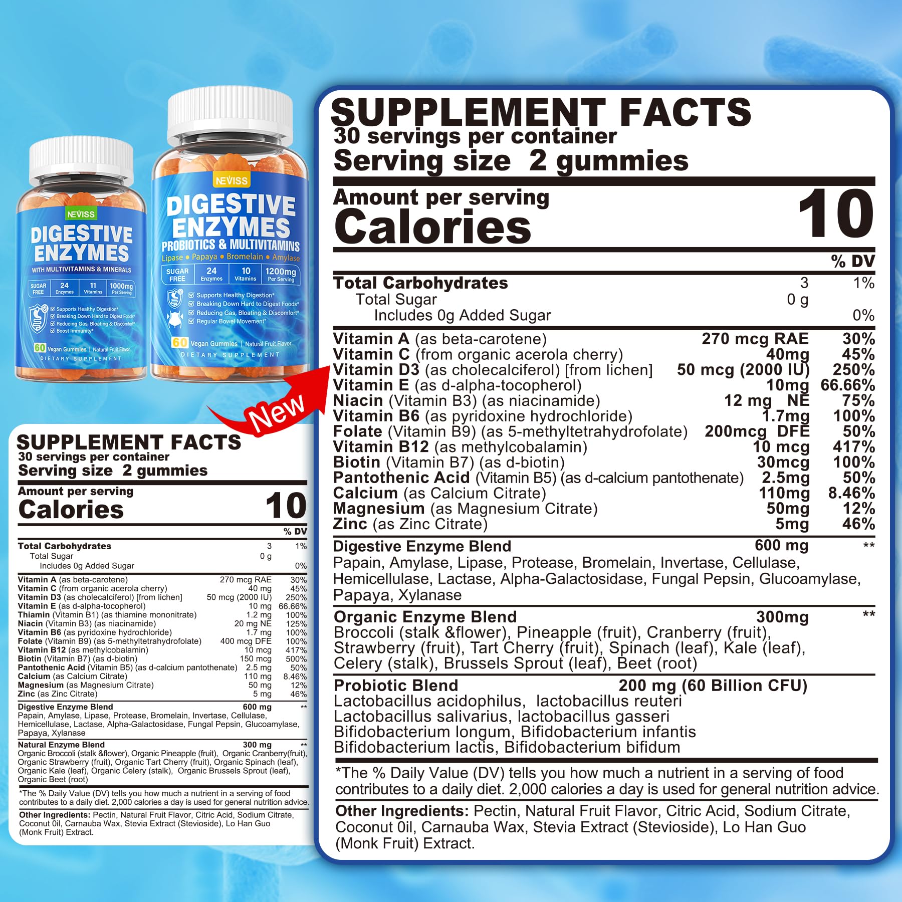 Ingredients panel showing enzymes, probiotics, vitamins